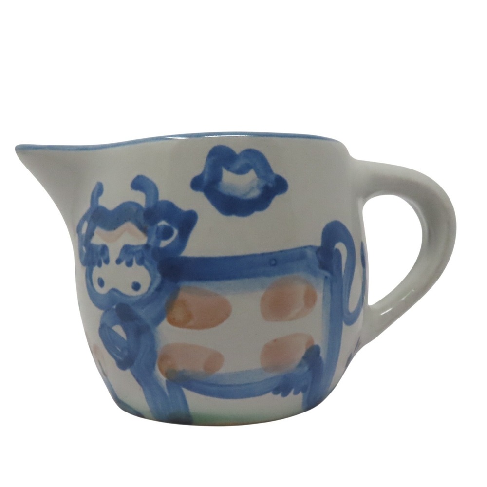 M A Hadley Pottery Blue Cow Creamer VTG Hand Painted Stoneware Pitcher Signed